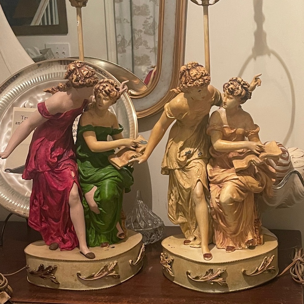 Louis Moreau 1890’s Art Nouveau figurative table lamps in Spelter Cast